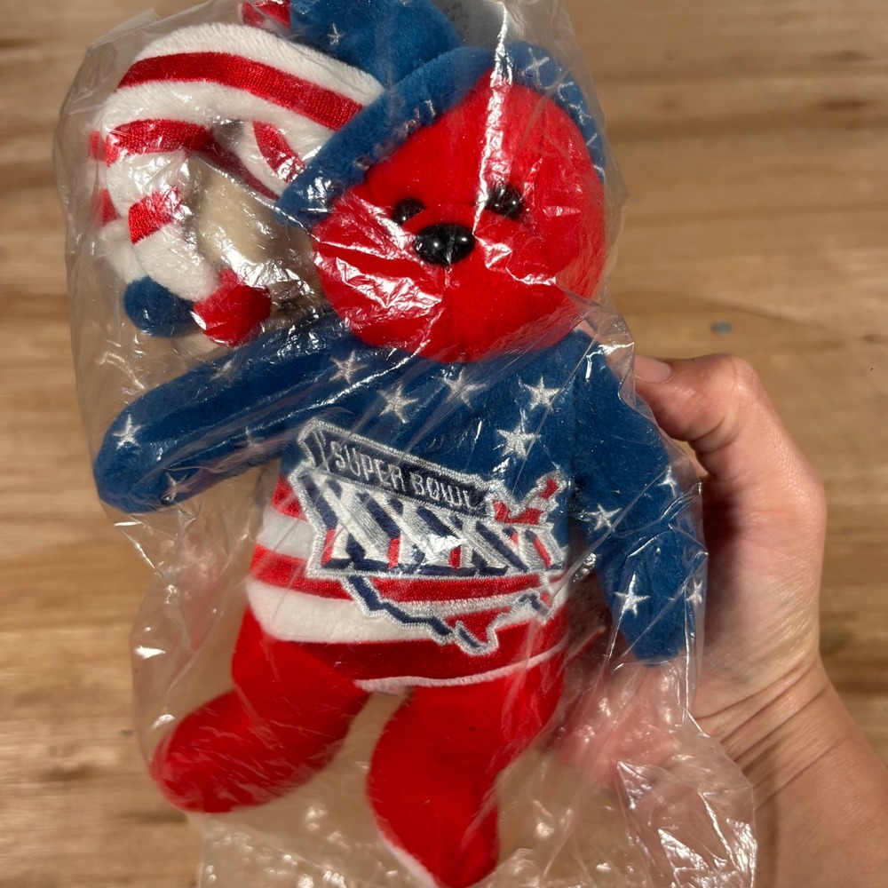 NFL Super Bowl XXXVI 2002 New Orleans Collectible Plush Bear Red White Blue 9"